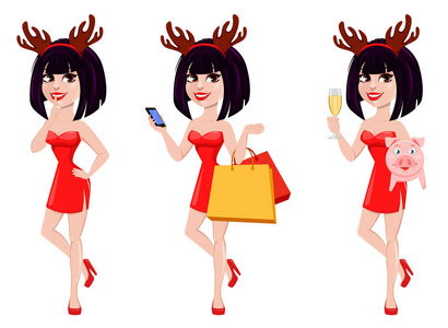 圣诞贺卡。 美丽的女人戴着滑稽的面具，有驯鹿角，有三种姿势。 微笑的卡通人物。 白色背景矢量插图