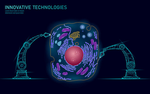 人工细胞合成基因治疗 dna 3d 化学。动物细胞生物化学工程研究理念。biorobot 机器人手臂行业矢量说明未来业务技术