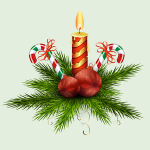 圣诞节安排冷杉绿枝球，燃烧蜡烛和两名员工与红色丝带设计元素。