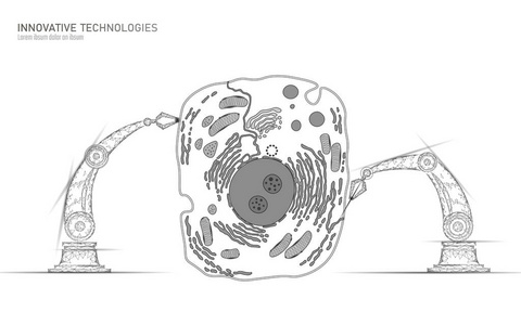 人工细胞合成基因治疗 dna 3d 化学。动物细胞生物化学工程研究理念。biorobot 机器人手臂行业矢量说明未来业务技术
