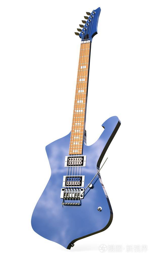 蓝色时尚电吉他在白色背景3d渲染