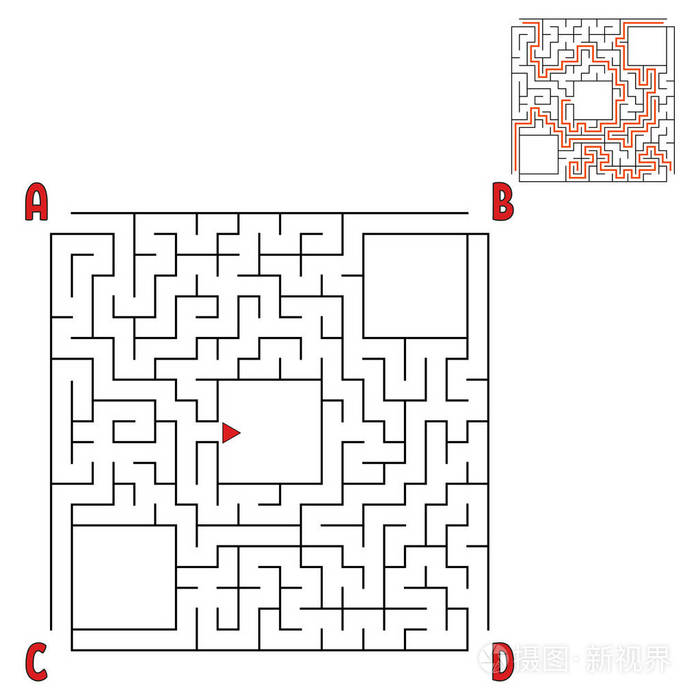迷宫难题. 在白色背景上隔离的平面矢量插图. 有答案. 用你的