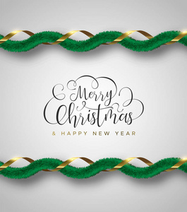 圣诞快乐和新年快乐贺卡现实3D插图豪华黄金花环与松树装饰和假日报价。