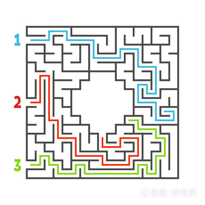 抽象的方形迷宫. 孩子们的游戏. 儿童拼图. 三个入口一个出口.