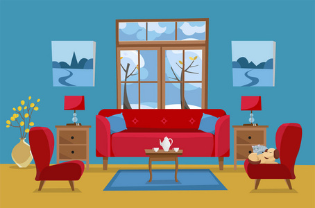 客厅有黄色红色蓝色.