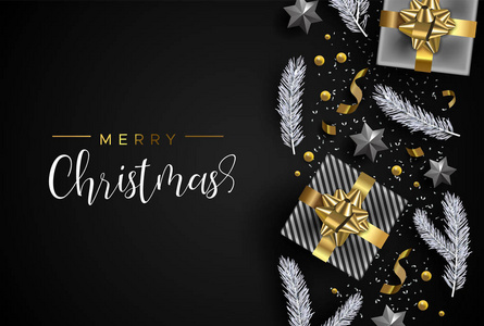 圣诞卡金现实三维礼品盒元素五彩星和冬季松树叶在黑色背景。 豪华假日布局插图。