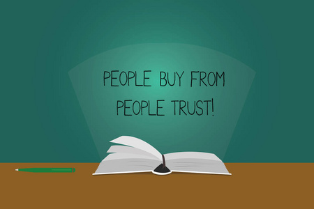 写的便条显示人们从他们信任的人手中购买东西。展示建立信任和客户满意度的商业照片与笔和光光束闪烁的桌子上的书的彩页