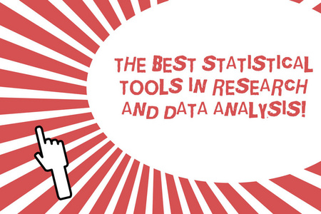 显示研究和数据分析中最佳统计工具的概念手写。商业照片展示了高品质的应用程序背面的右手索引指向向下拇指显示