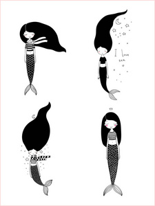 一套可爱的卡通小美人鱼。警笛。海洋主题
