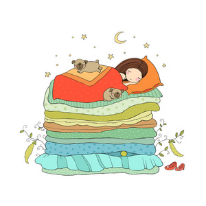 一个小女孩和可爱的哈巴狗睡在床上