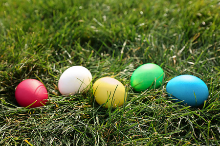 户外绿草上的复活节鸡蛋