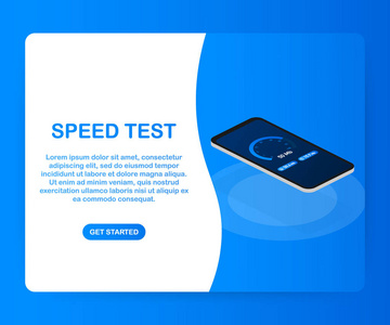 智能手机上的速度测试。速度计互联网速度 100 mb。网站速度加载时间。向量例证