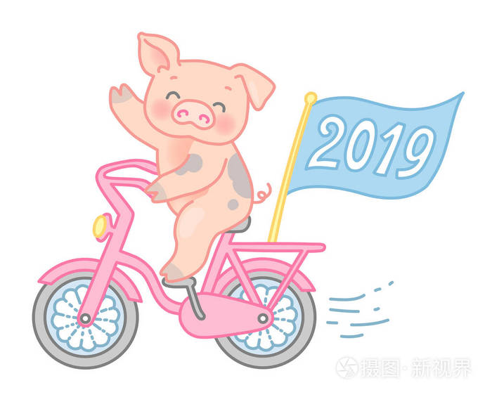 快乐的猪骑自行车挥手.