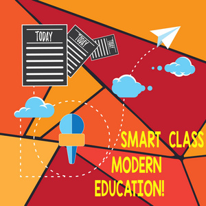 显示智能课堂现代教育的书写笔记。展示最新技术教室学习信息通过云的商务照片快速传送数据