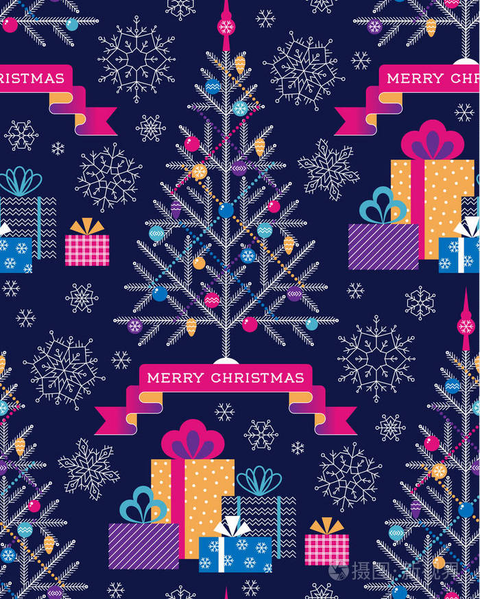 圣诞树礼物和深蓝色背景上的雪花。 纺织品包装和装饰的圣诞无缝图案