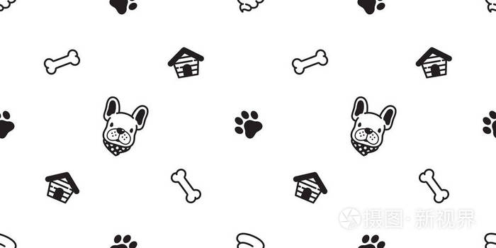 狗无缝图案矢量法国斗牛犬爪子骨足迹屋po卡通瓷砖背景重复壁纸围巾隔离插图礼品包装插画 正版商用图片15axkk 摄图新视界