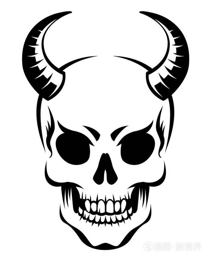 恶魔头骨与角程式化的黑色插图在灰色风格孤立在白色背景上