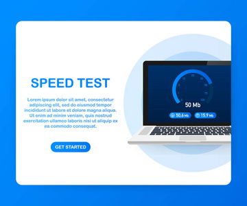 在笔记本电脑上进行速度测试。速度计互联网速度 100 mb。网站速度加载时间。向量例证
