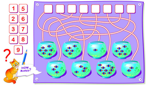 儿童教育网页。每个水族馆有多少条鱼数一数数量，把数字写成圆圈..培养幼儿计数和书写能力..矢量卡通形象。