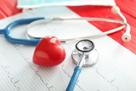 医用听诊器，心电图和红色心脏在彩色木桌上。健康概念