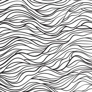 波浪状背景。 手绘波浪。 条纹抽象纹理与许多线条。 挥动的图案。 横幅传单或海报的黑白插图