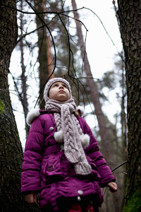可爱的小女孩在秋天的森林里摆姿势。