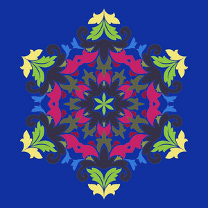 孤立矢量插图。 抽象的花卉装饰。 华丽的六点星或曼陀罗与老式图案。 用这种时髦的颜色，用红榨玫瑰甜玉米