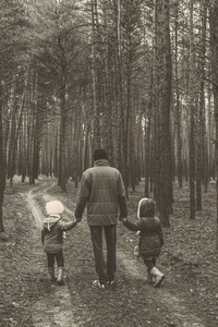 父亲和两个孩子在松树林里沿着马路散步。