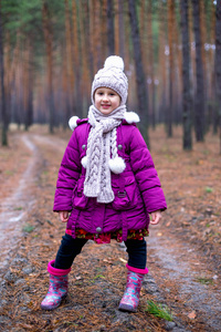 小可爱的小女孩在秋天的森林里的路上摆姿势。