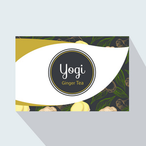 瑜伽茶企业名片与姜根和叶。 时尚风格与瑜伽姜茶。 茶品牌元素的设计邀请，礼品卡，传单和小册子。