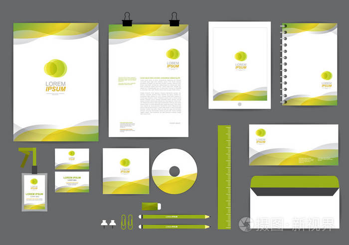 黄色和绿色的曲线图形公司身份模板，您的业务包括CD封面，名片夹，尺子，信封和信头设计