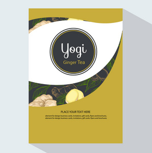 瑜伽茶品牌和包装与姜根和叶。时尚风格与瑜伽姜茶。茶品牌元素的设计邀请，礼品卡，传单和小册子。