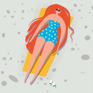 穿比基尼的女孩坐在海滩上。夏季插图与卡通人物。矢量中的女性主义概念。