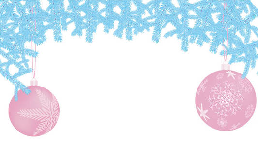 美丽的节日圣诞明信片与新年圆紫色球, 圣诞装饰与雪花图案在蓝色圣诞树树枝在一个孤立的白色背景