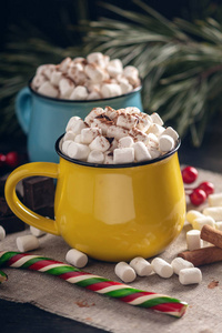 热巧克力杯，上面有棉花糖，巧克力和肉桂背景上有一根棒棒糖棒。 一个舒适的圣诞家庭假日的概念