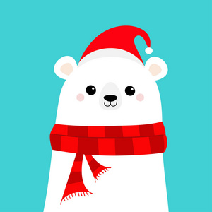 极地白熊幼崽脸戴着红色圣诞老人帽围巾。 可爱的卡通婴儿角色。 新年快乐。 圣诞快乐。 北极动物。 平面设计你好冬天。 蓝色背景。
