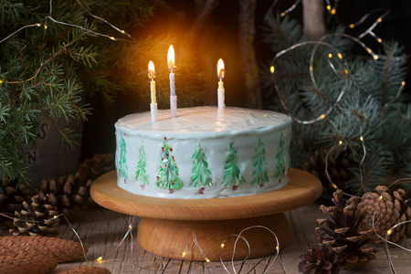 在树枝和圆锥的黑暗背景上装饰着彩绘圣诞树的庆祝蛋糕。质朴的风格