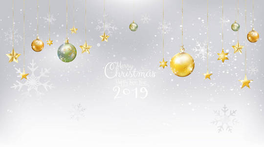 圣诞快乐，新年快乐，2019年与书法在白雪背景装饰与金玉圣诞球与星饰悬挂。 矢量图。