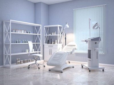 皮肤科和美容诊所有设备的房间。 三维插图