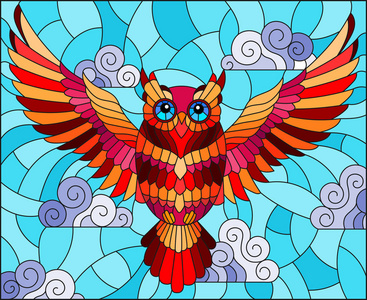 彩色玻璃风格的插图与抽象的红鹰飞在天空背景与云照片