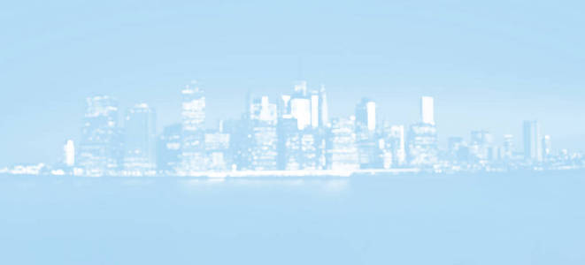 曼哈顿软焦点城市背景。 夜晚纽约市天际线全景。 淡蓝色调的曼哈顿离焦图像