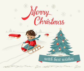 圣诞快乐明信片与孩子雪橇矢量插图