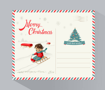 圣诞快乐明信片与孩子雪橇矢量插图