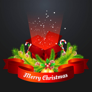 图示开放礼品盒与节日元素装饰在黑色背景，为圣诞快乐庆祝贺卡设计。