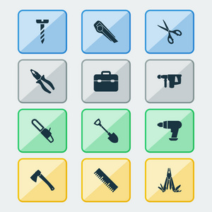 工具图标设置螺栓, 工具箱, 实用工具刀和其他夹具元件。隔离的矢量插图工具图标