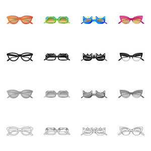 眼镜和太阳镜符号的矢量插图。收集眼镜和附件矢量图标的股票