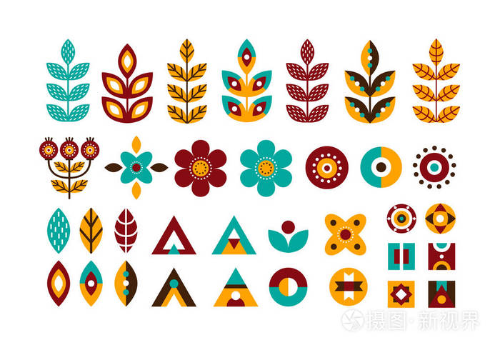 斯堪的纳维亚风格的民间装饰植物几何设置