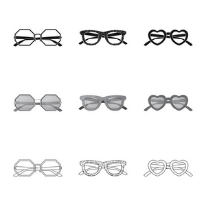 矢量设计的眼镜和太阳镜图标。一套眼镜和附件矢量图标股票