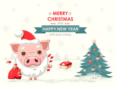 圣诞快乐明信片与猪圣诞老人帽子2019年符号矢量插图