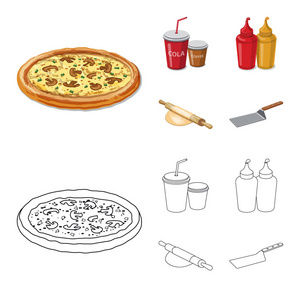 比萨饼和食品标识的孤立对象。一套比萨和意大利股票符号的网站